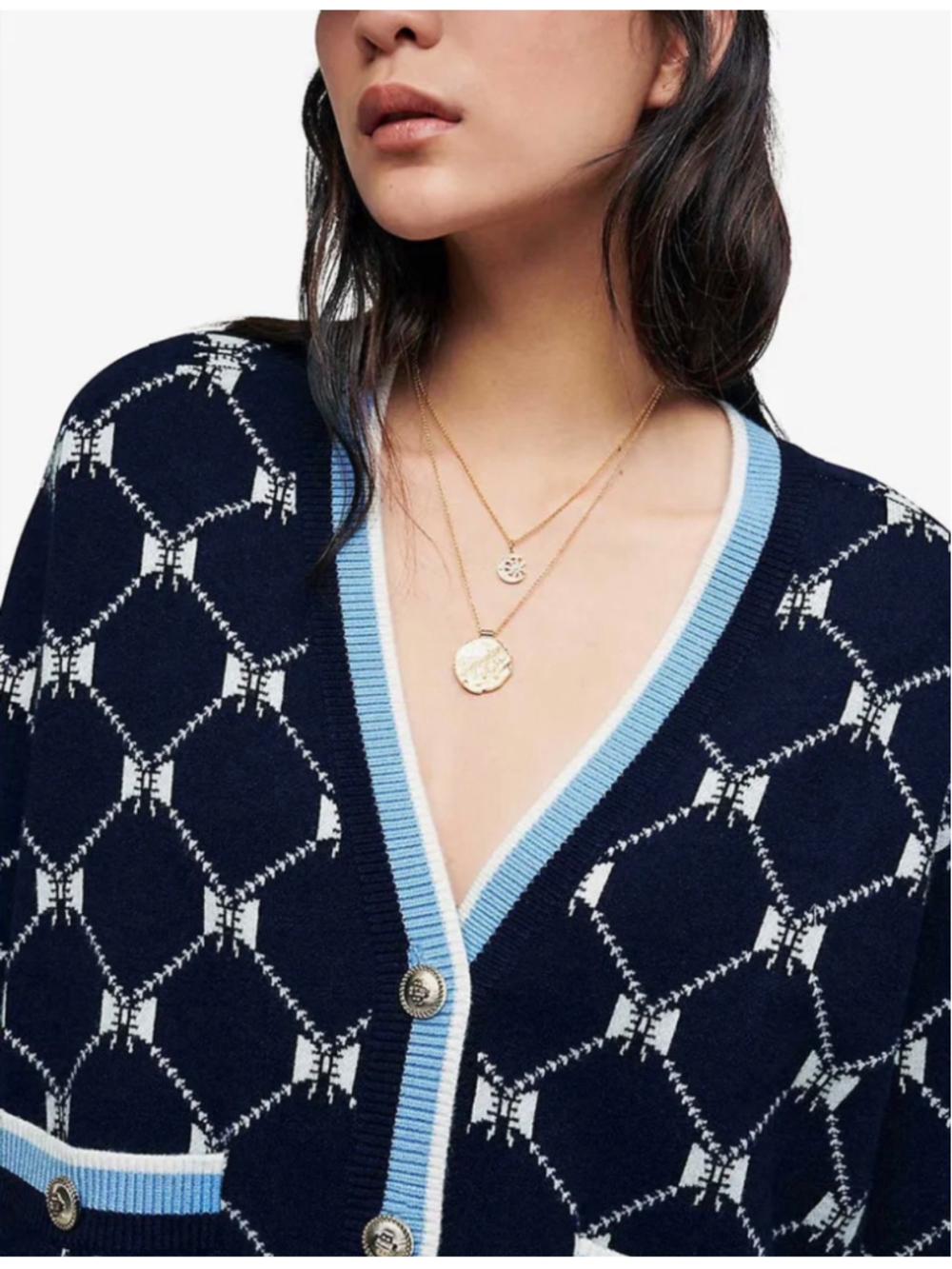 Maje Mybow Jacquard Cardigan|Navy|Size2|NWOT|